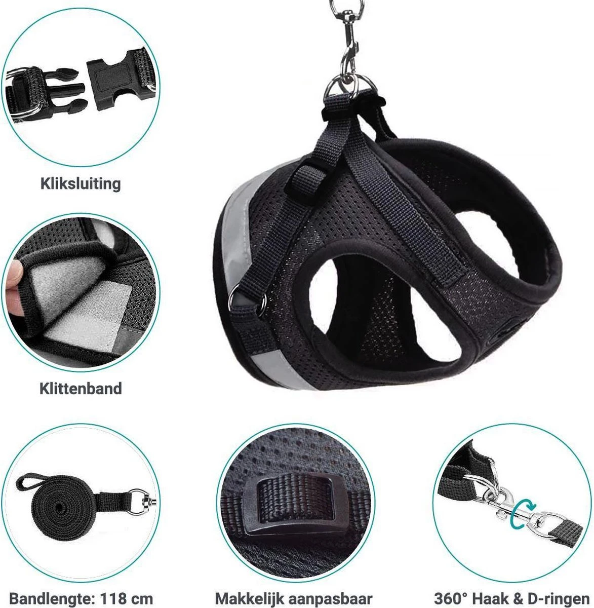 Hondentuig, Hondenharnas Met Hondenriem – Reflecterend - Zwart – Maat L (borst 40-45 Cm) 8 Hondentuig, Hondenharnas Met Hondenriem – Reflecterend - Zwart – Maat L (borst 40-45 Cm) - Afbeelding 6