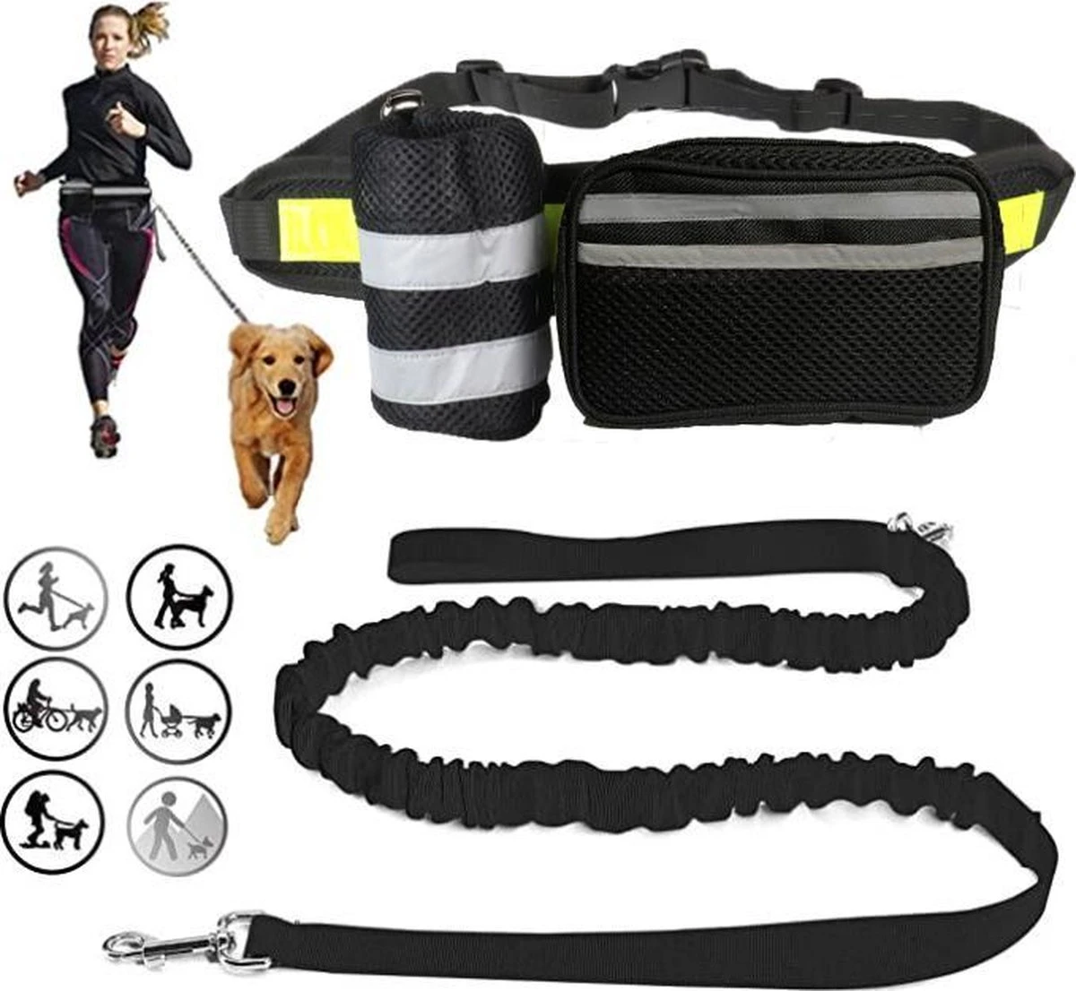 Looplijn Met Heupriem Hands Free - Hondenriem - Reflecterende Hardloopband -Elastische Leiband - Heuptas En Flessenhouder - Zwart - 150 Cm Tot 210 Cm 3 Looplijn Met Heupriem Hands Free - Hondenriem - Reflecterende Hardloopband -Elastische Leiband - Heuptas En Flessenhouder - Zwart - 150 Cm Tot 210 Cm