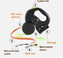 Dubbele Honden Riem – Leiband Hond – Hondenlijn – Looplijn Hond – 2 Honden – 3 Meter – Tot 12kg Per Hond – Reflecterende Lijnen – Met Zaklamp – 360° Draaien – Verstelbaar - Zwart -Hondenartikelen Serie Winkel 1200x1111 7
