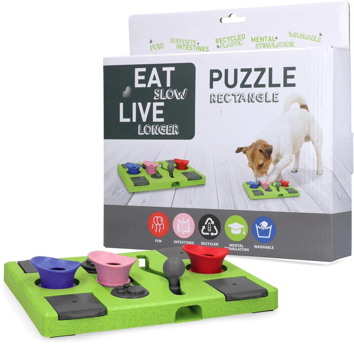 Eat Slow Live Longer Puzzel Rectangle – Intelligentie Speelgoed Voor Honden – Interactief Hondenspeelgoed – Uitdagende Hondenpuzzel – Gerecyclede Materialen – Te Vullen Met Snacks - 25x26x5 Cm - Groen 3 Eat Slow Live Longer Puzzel Rectangle – Intelligentie Speelgoed Voor Honden – Interactief Hondenspeelgoed – Uitdagende Hondenpuzzel – Gerecyclede Materialen – Te Vullen Met Snacks - 25x26x5 Cm - Groen