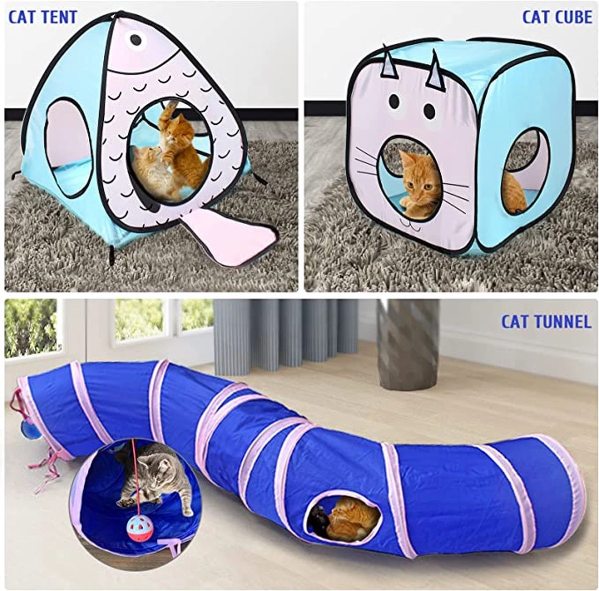 Fuegobird Kattentunnel - Tent+Tunnel 3 In 1 - Blauw/Roze 5 Fuegobird Kattentunnel - Tent+Tunnel 3 In 1 - Blauw/Roze - Afbeelding 3