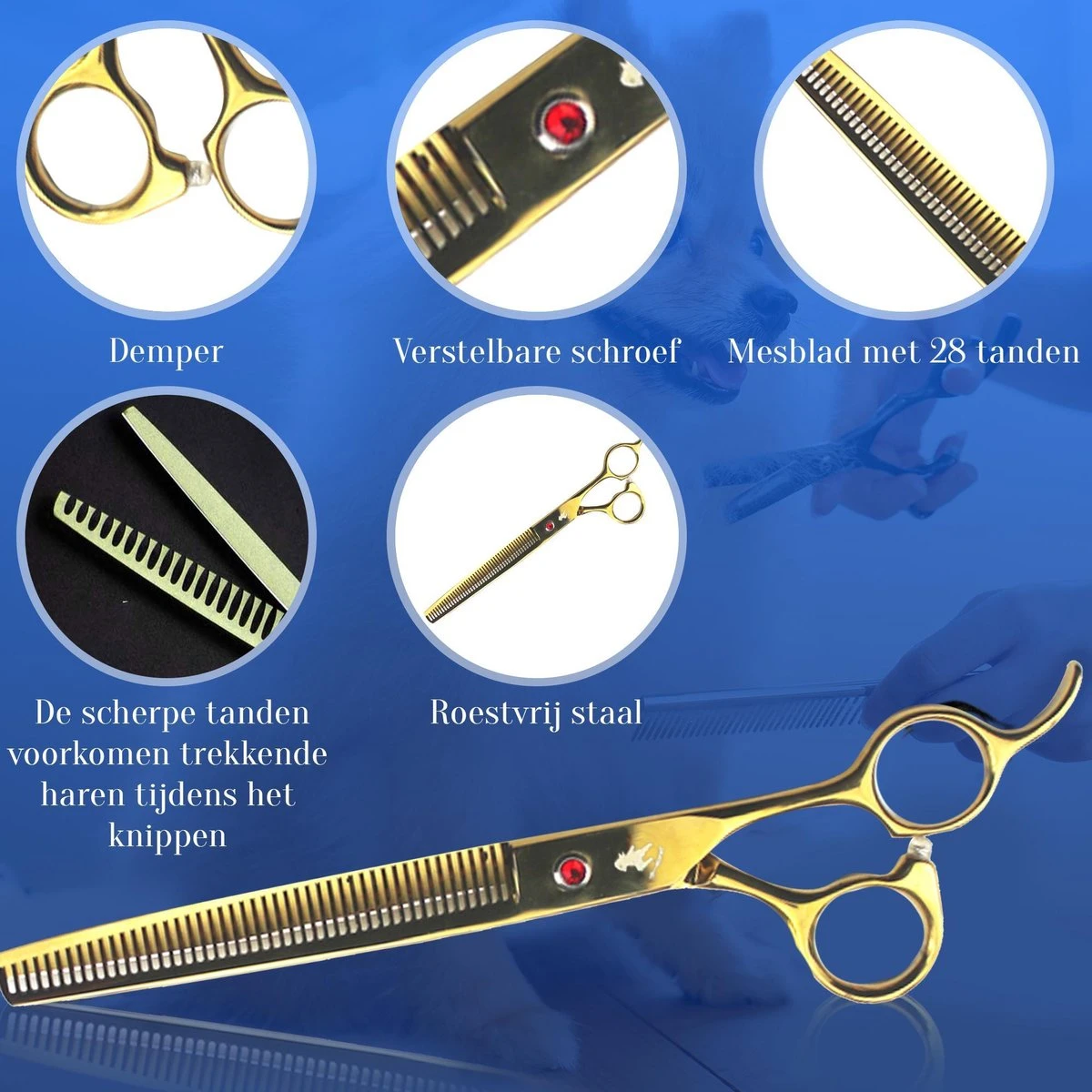 Scharenset Hond - 8-Delige Scharenset - Hondenschaar - Trimset - Trimschaar Voor Honden - Huisdier Knipset - Effileerschaar Hond - Goud 4 Scharenset Hond - 8-Delige Scharenset - Hondenschaar - Trimset - Trimschaar Voor Honden - Huisdier Knipset - Effileerschaar Hond - Goud - Afbeelding 2