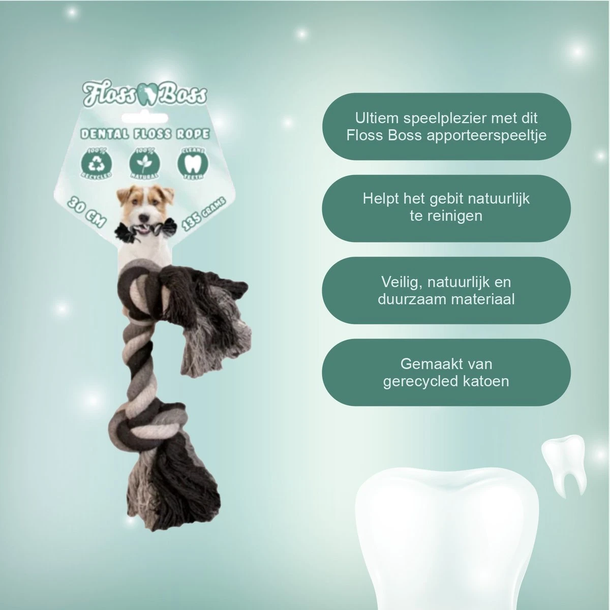 Floss Boss Flostouw – Zeer Stevig En Veilig Hondenspeelgoed – Hondentouw Van Gerecycled Katoen – Grijs Trektouw – 30cm - 135g – 2 Knopen 6 Floss Boss Flostouw – Zeer Stevig En Veilig Hondenspeelgoed – Hondentouw Van Gerecycled Katoen – Grijs Trektouw – 30cm - 135g – 2 Knopen - Afbeelding 4